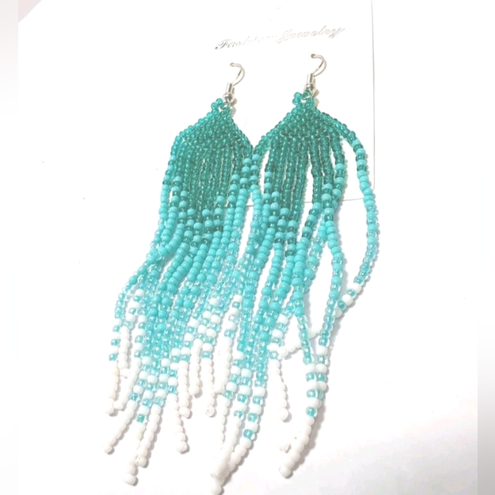Native American Style Earrings Mint Blue & Green Bead Earrings Bohemian NWT - Picture 2 of 13